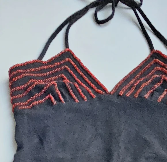 Hunza G Vintage Black With Crimson Beading Double Halter Strap Mini Dress - Picture 11 of 15